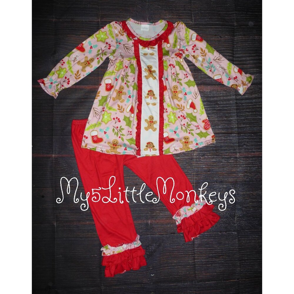 Boutique Gingerbread Man Girls Tunic Ruffle Leggings Christmas Outfit Set